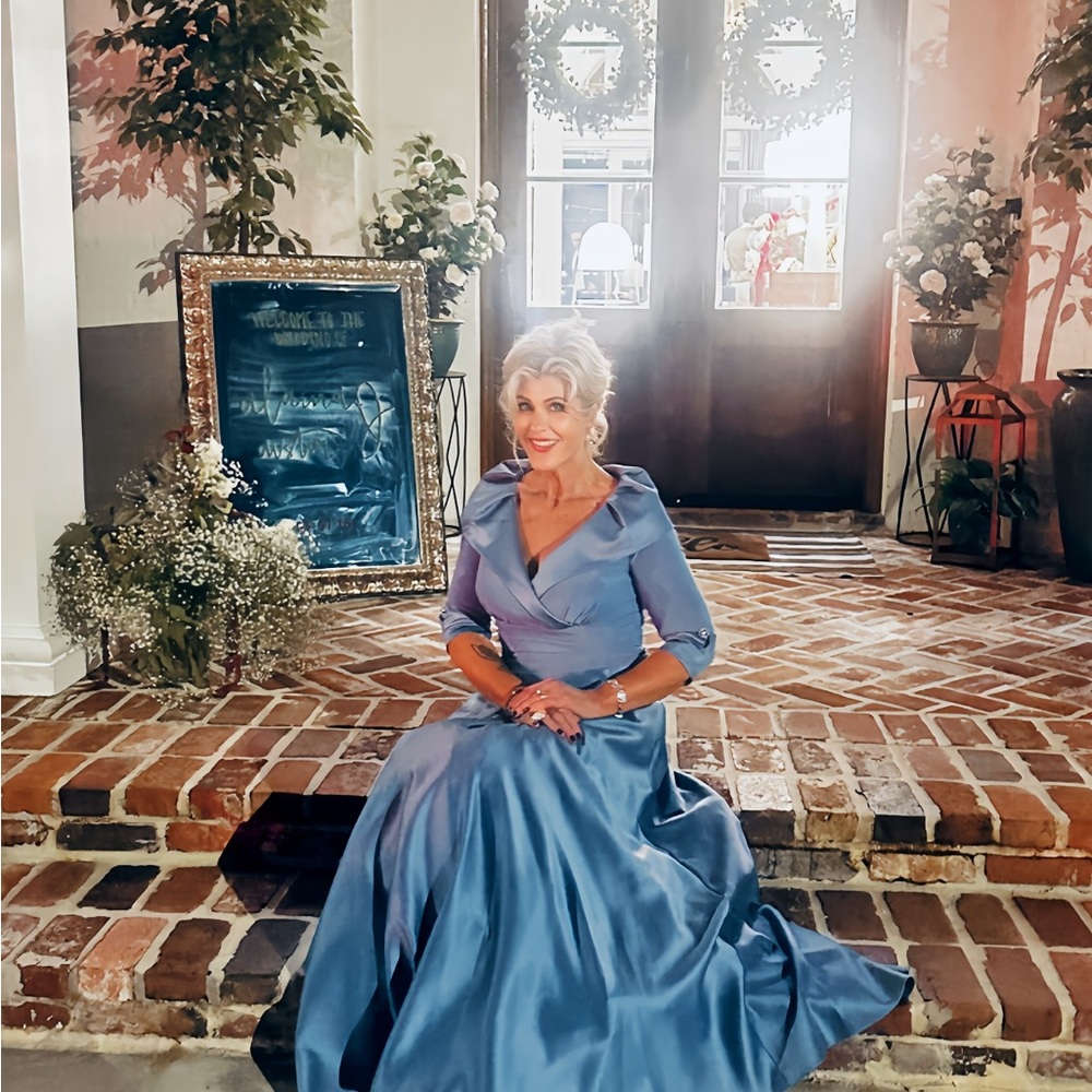 Jessica Howard Satin Long Sleeve Evening Gown in Blue